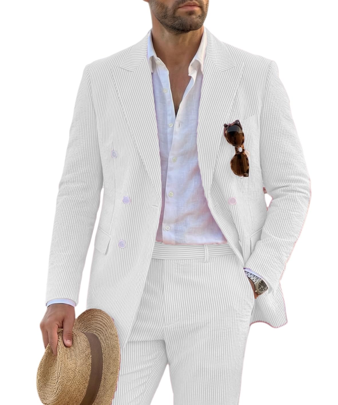 Men's Seersucker Suit 2 Piece Striped Blazer Pants Set Color B