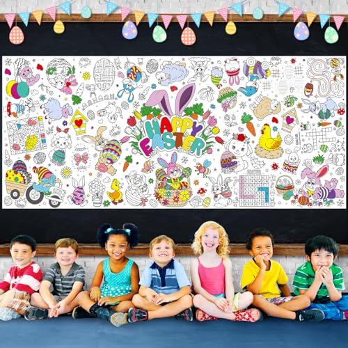Image of Easter Large Coloring Poster for Kids, Happy Jumbo Coloring Paper Tablecloth, Bunny Eggs Color-in Craft Activities for School Classroom Home Party Supplies Decorations, 30 x 72 Inch