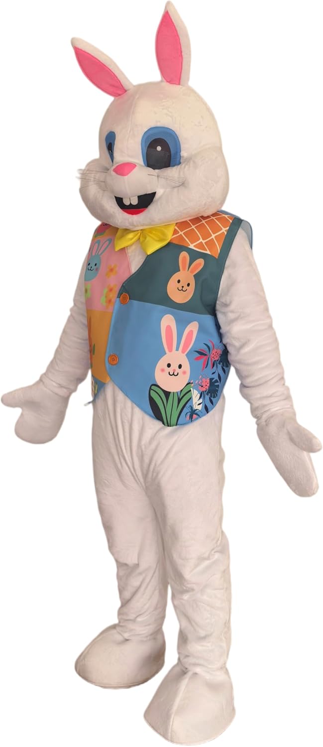 Easter Bunny Mascot Costume with Colorful Patchwork Vest, Yellow Bow Tie, Pink Ears, Adult Size Full Body Character Suit