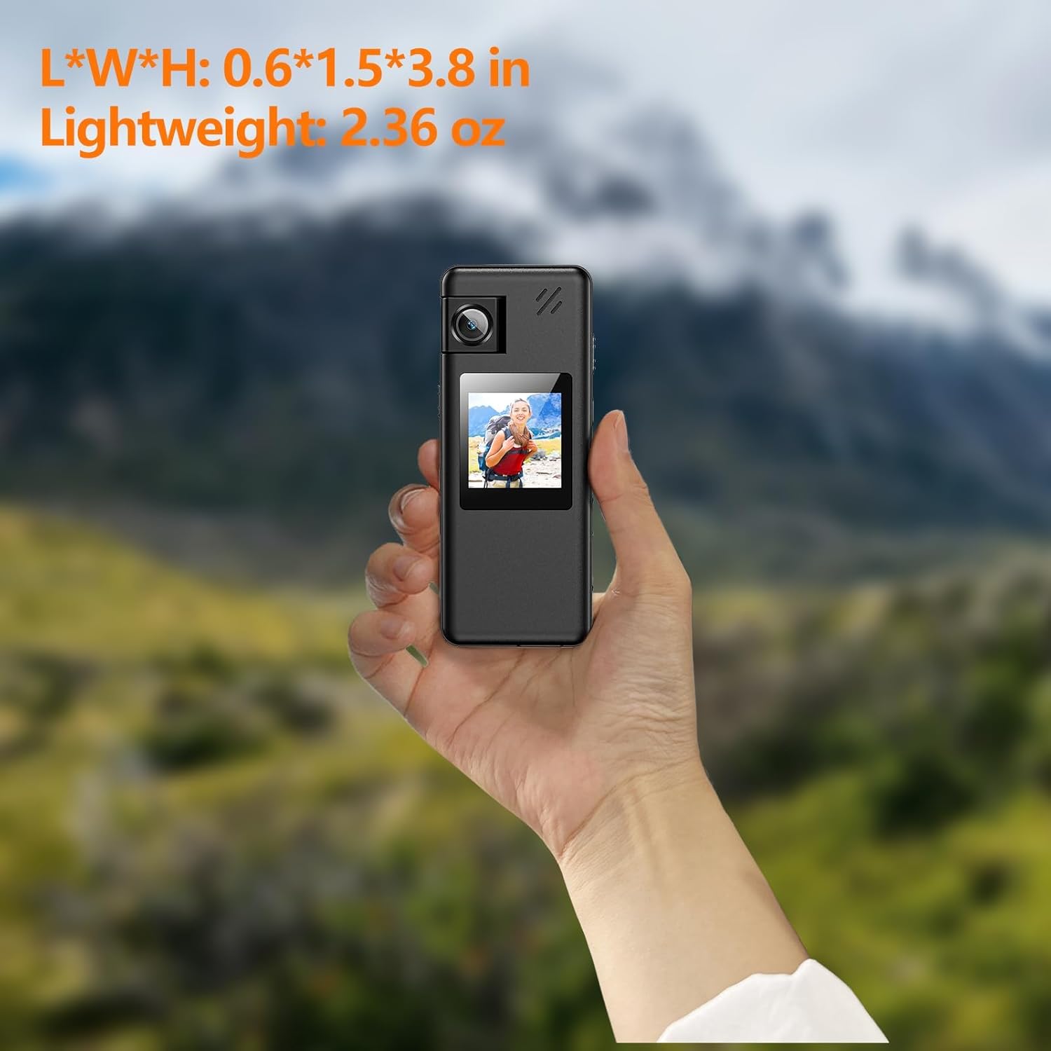 A hand holding the compact Hoestr A32 Body Camera, with dimensions L*W*H: 0.6*1.5*3.8 inches and Lightweight: 2.36 oz displayed.