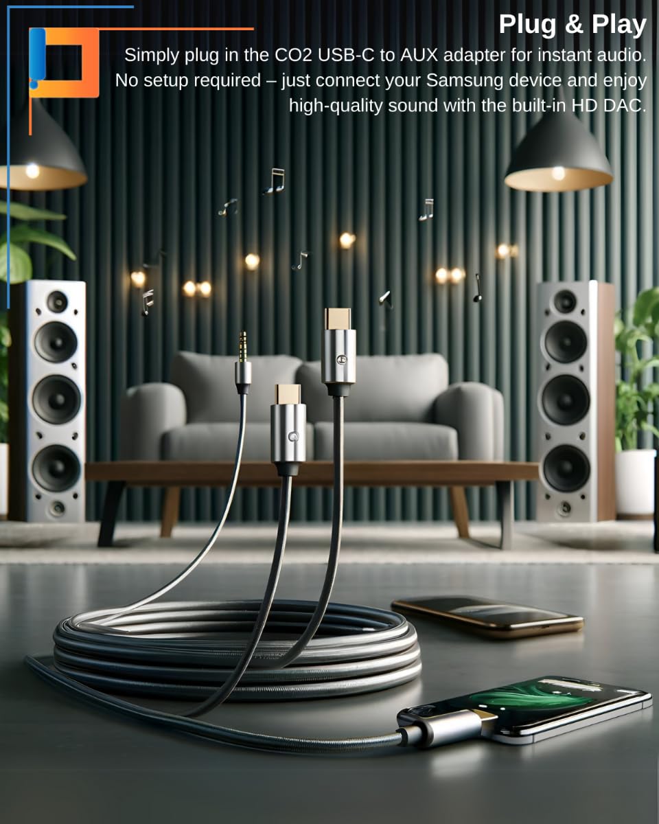 CO2 Kabel USB-C do Mini Jack 3,5 mm AUX z Przetwornikiem DAC 128 kHz HD, Najwyższa Jakość Dźwięku, Aluminium Space Grey, Adapter Kompatybilny z iPhone, MacBook, iPad Pro, Samsung (1m)