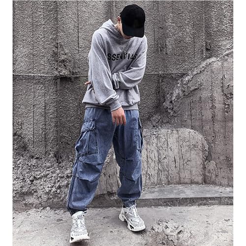 Men's Tech Hip Hop Sweatpants Japanese High Street Multi-Pocket Jeans Mens Baggy Drawstring Tapered Cargo Pants4