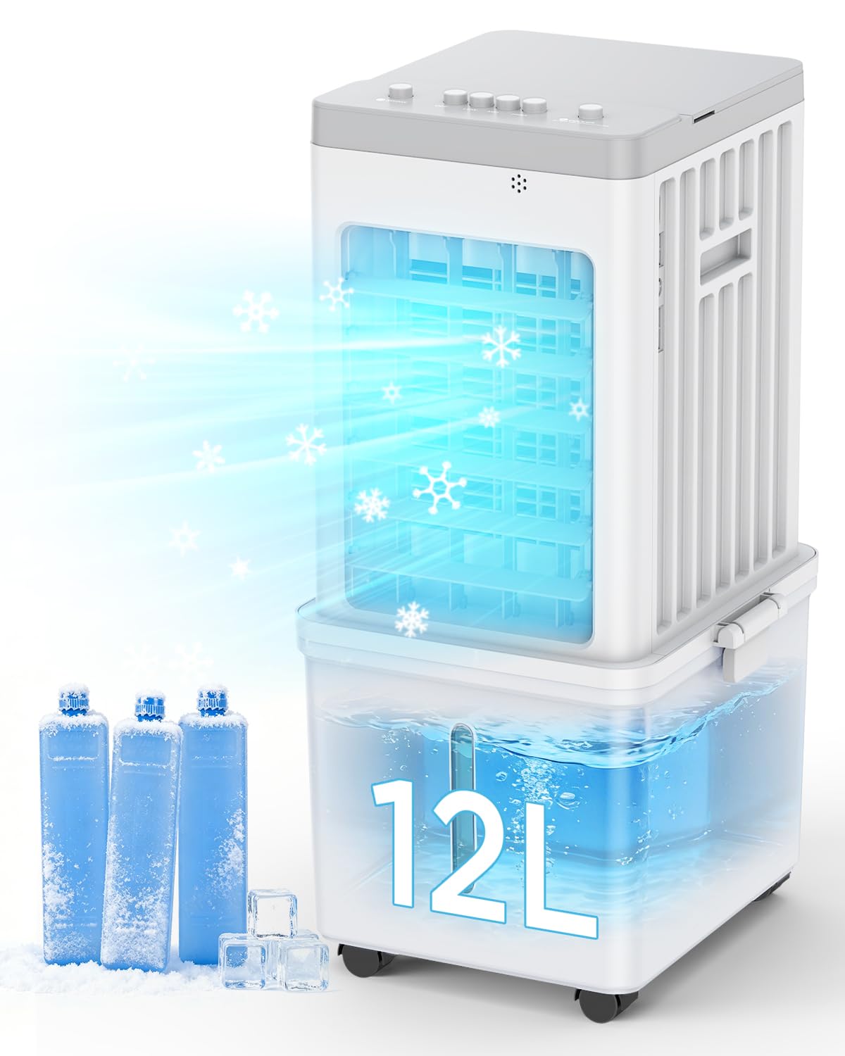 Portable Air Conditioner 12L, 4-in-1 Evaporative Air Cooler, 35dB Quiet Cooling Fan, 3 Speeds & 120° Oscillation, Detachable Water Tank with 3 Ice Packs, Portable Rolling Wheels for Home
