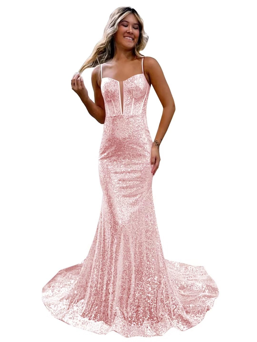 Sparkly Sequin Mermaid Prom Dress Spaghetti Straps Formal Evening