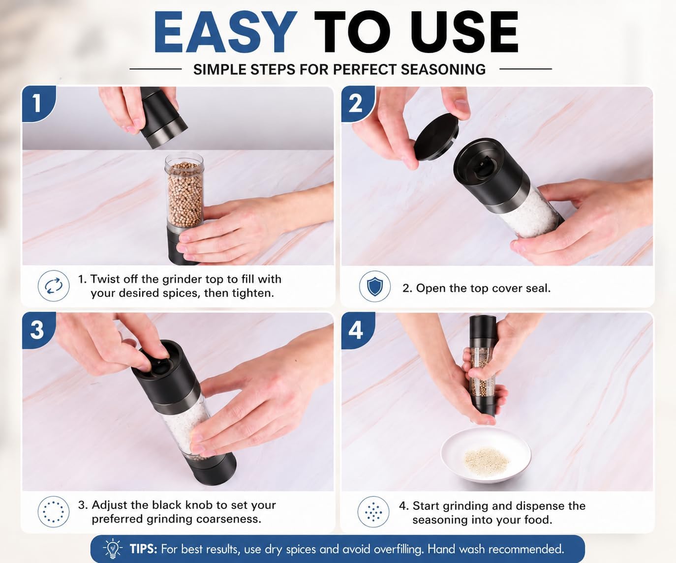 2 in 1 Salt and Pepper Grinder Set, Manual Stainless Steel Spice Mill with Adjustable Coarseness, Refillable Dual Chamber Grinder for Himalayan Salt, Black Pepper & Seasoning (Modern Matte Accent)