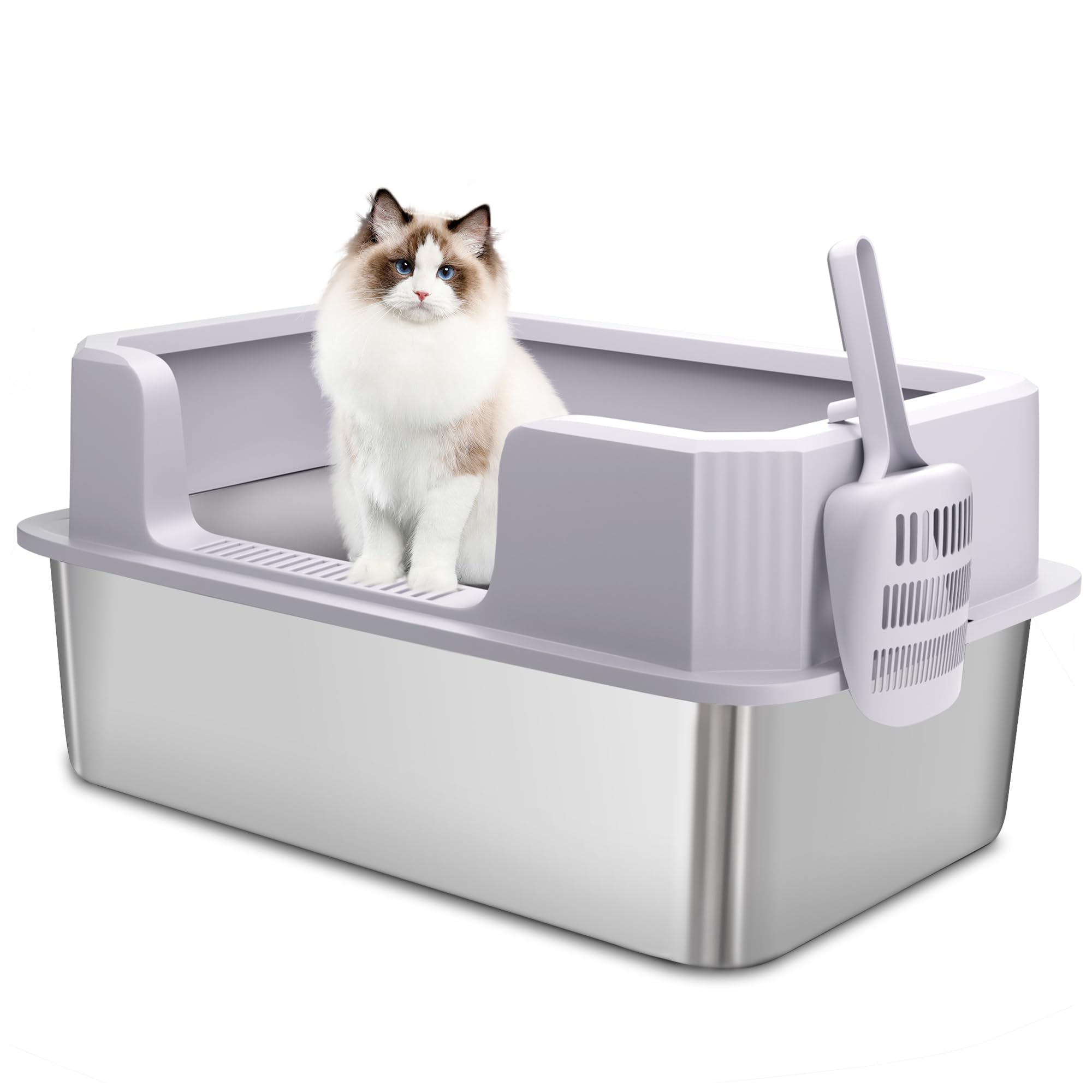 Stainless Steel Cat Litter Tray with High Detachable Enclosure, Large Metal Litter Tray with Litter Scoop for All Cats, Leak-Proof,Non Stick Surface, Easy to Clean, 50(L) x36(W) x 26(H) cm, Silver