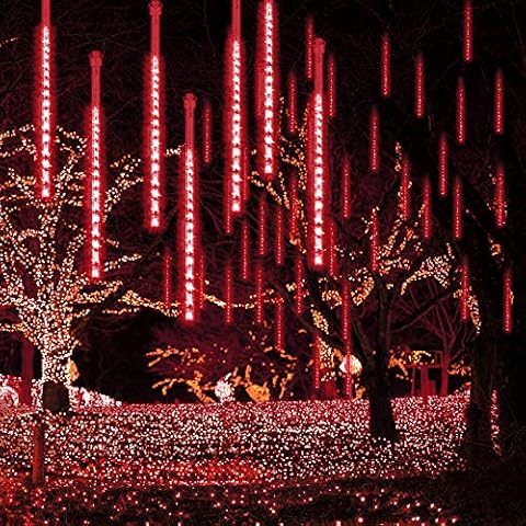 DINOWIN Rain Lights, 30cm 10 Tubes 360LEDs Solar Falling Lights Meteor Shower Lights Rain Drop Lights for Trees Parties Wedding Garden House Decoration (Red) Cover