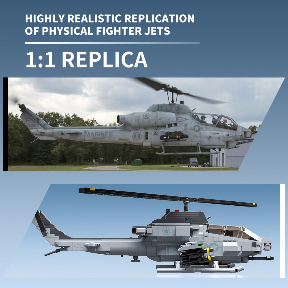 MISINI M8024 AH-1W Super Cobra Bewaffneter Hubschrauber Bausteine Set, 958 Stück Militär Medium 1:35 Hubschrauber Bausatz, Geschenke und Sammlungen für Flugzeugmodelle für Militärische Enthusiasten