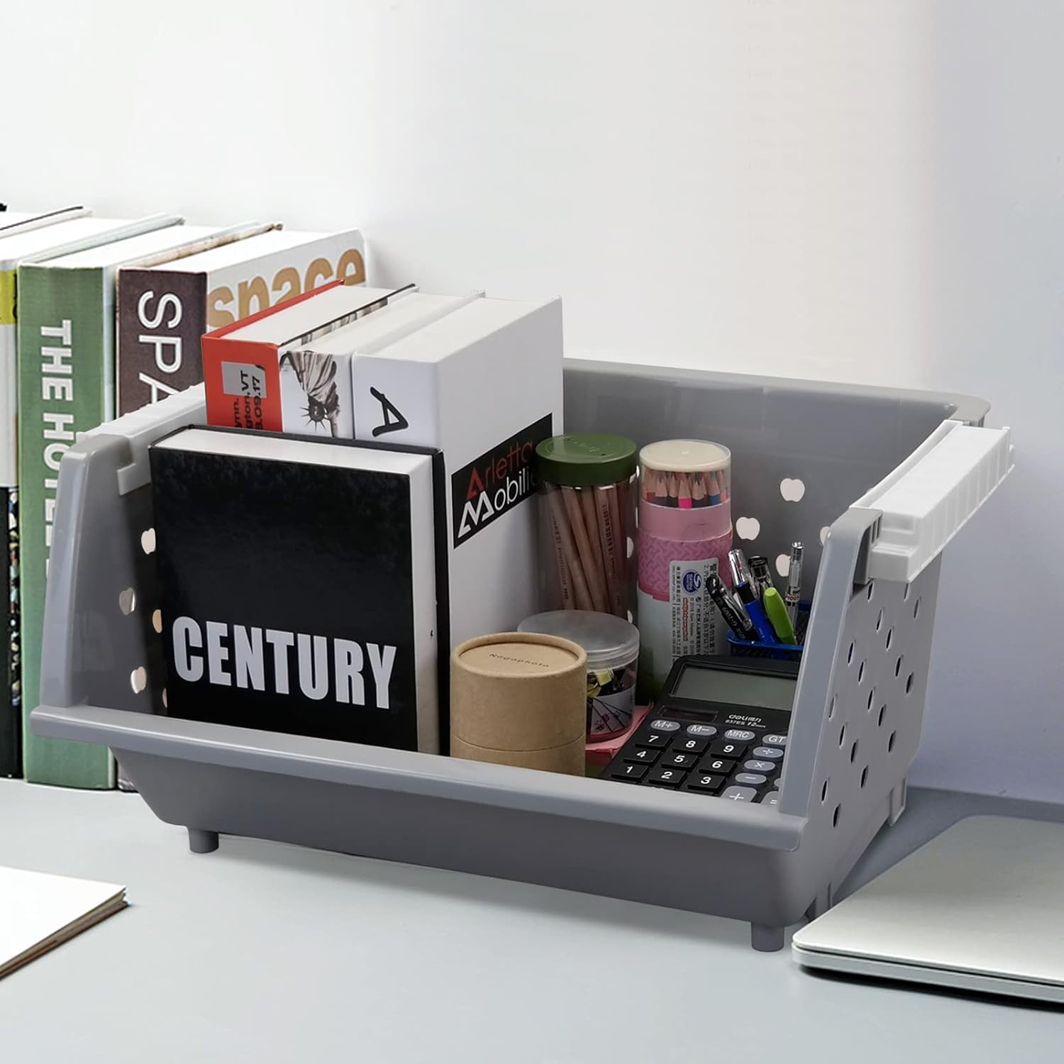 3 Pack Gray Large Stacking Basket Bin, Open Front Stackable Storage Baskets