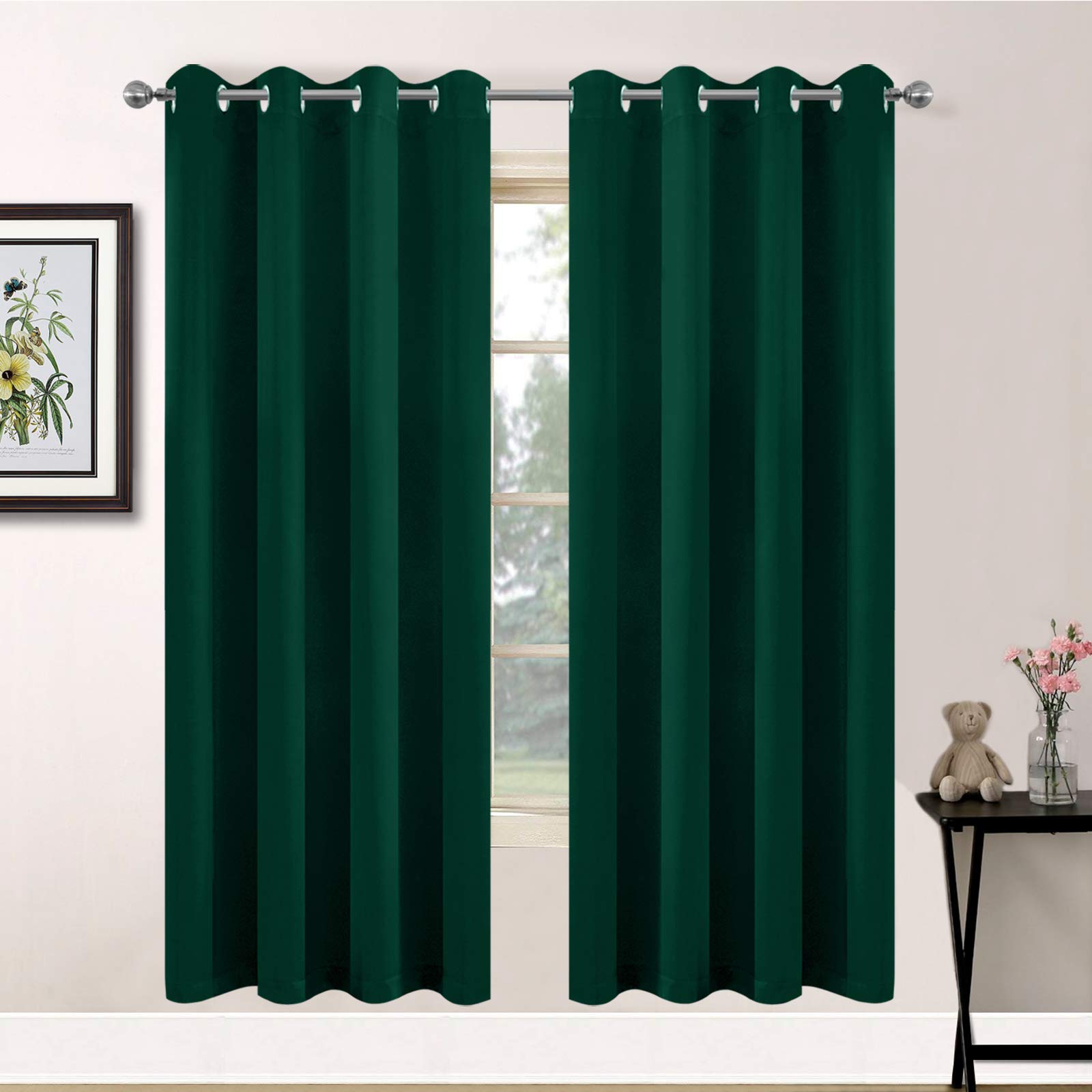 Yakamok Blackout Curtains Thermal Insulated Room Darkening Curtains for Bedroom Solid Grommets Top 132 x 183 cm Dark Green 2 Curtains