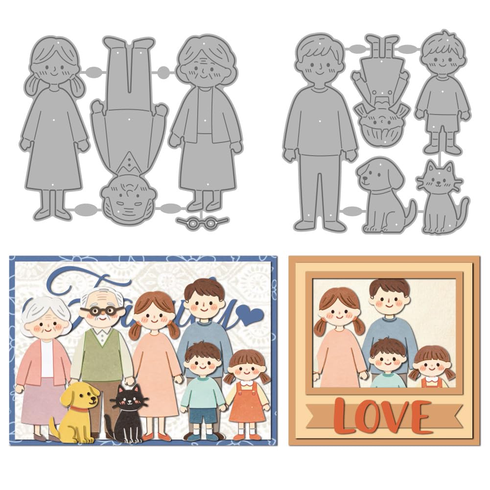 MAYJOYDIY Family Cat Dog Metal Cutting Dies Grandma Grandpa Carbon Steel Stencils Mom Dad Boy Girl Embossing Template Die for DIY Paper Craft Card Making Scrapbooking Album Decor