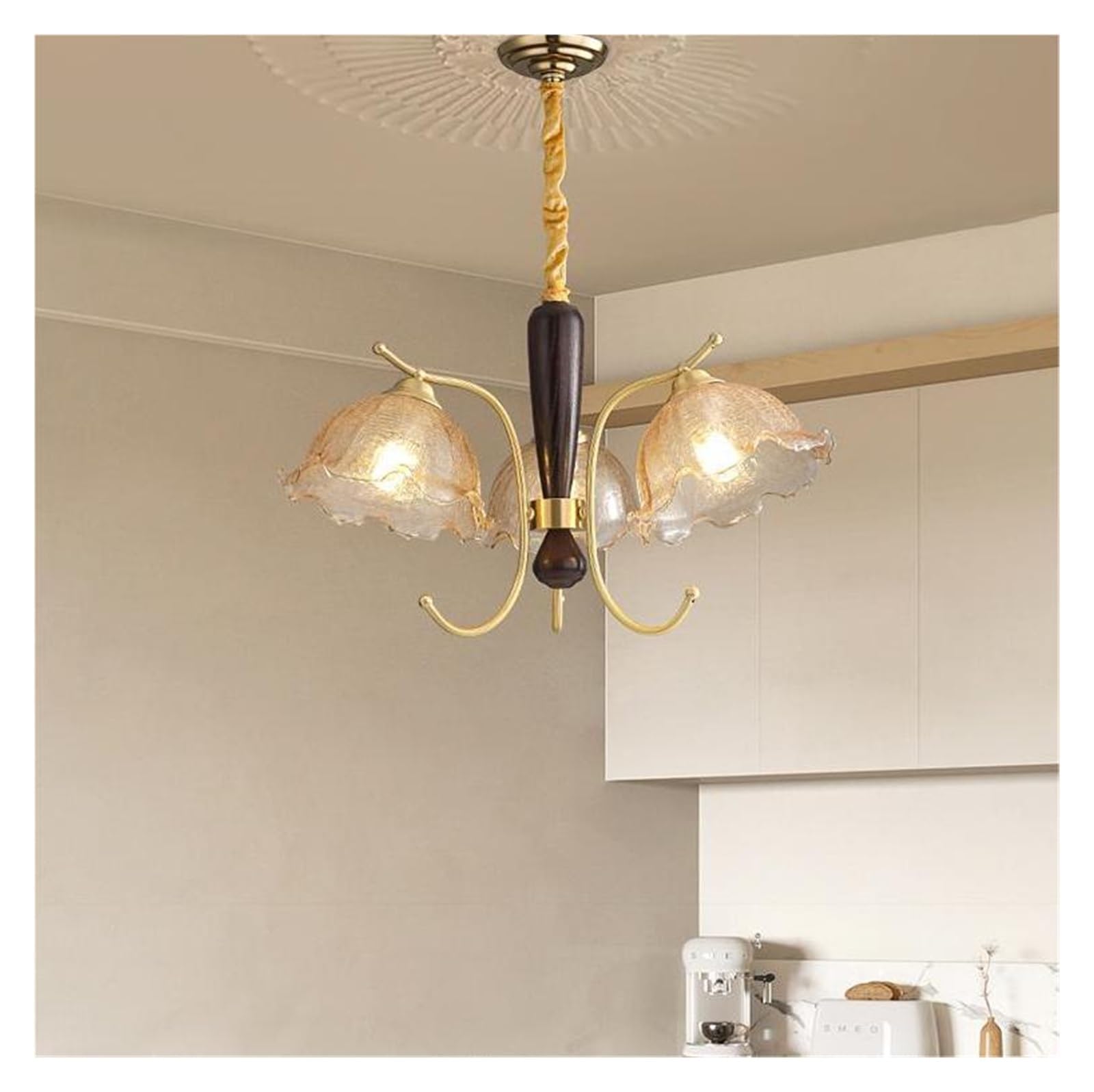 OLSKFUH French Cream Style Chandeliers Copper Walnut Flower Pendant Light Retro Living Room Restaurant Lights, Wall Sconces,Copper-D55cm