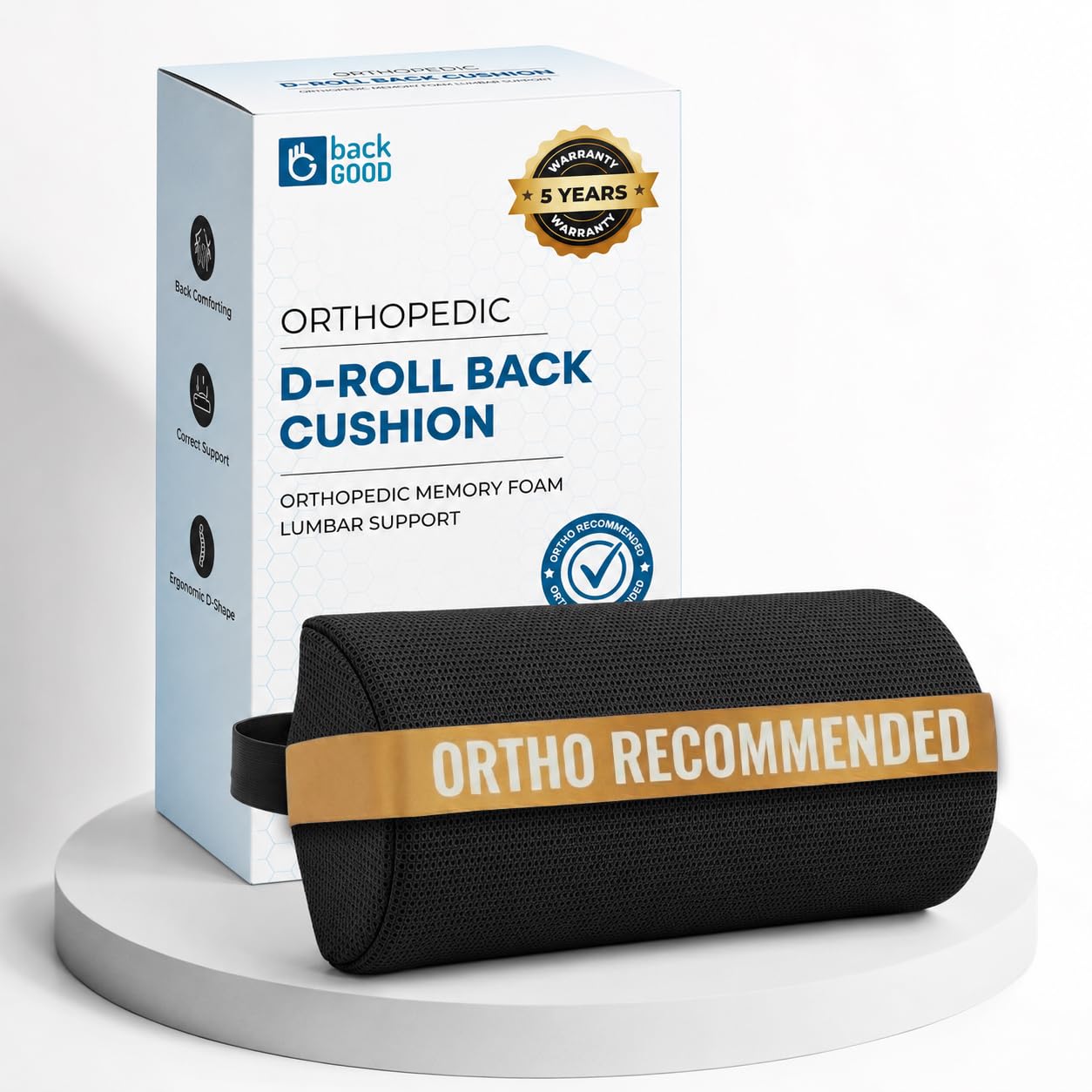 BackGood D-Shaped Lumbar Support Roll | Ortho Designed Memory Foam | 5-Year Warranty | Lower Back Pain, Sciatica, Spinal Alignment | Medical Grade Back Support Cushion, Lumbar Roll Cushion (Black)-image-20