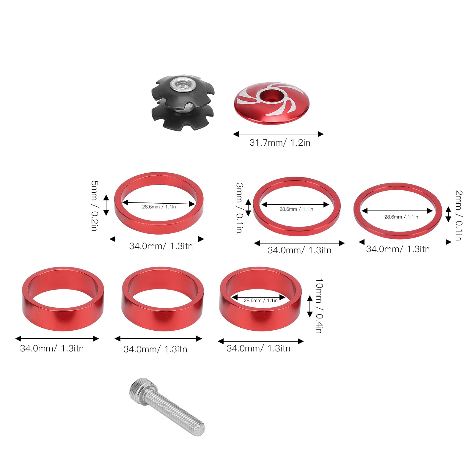6Pcs Bike Headset Spacer Set, Aluminium Alloy Bicycle Handlebar Stem Spacers, Bicycle Front Fork Stem Spacers Kit for Mountain Bike (Red 70T)