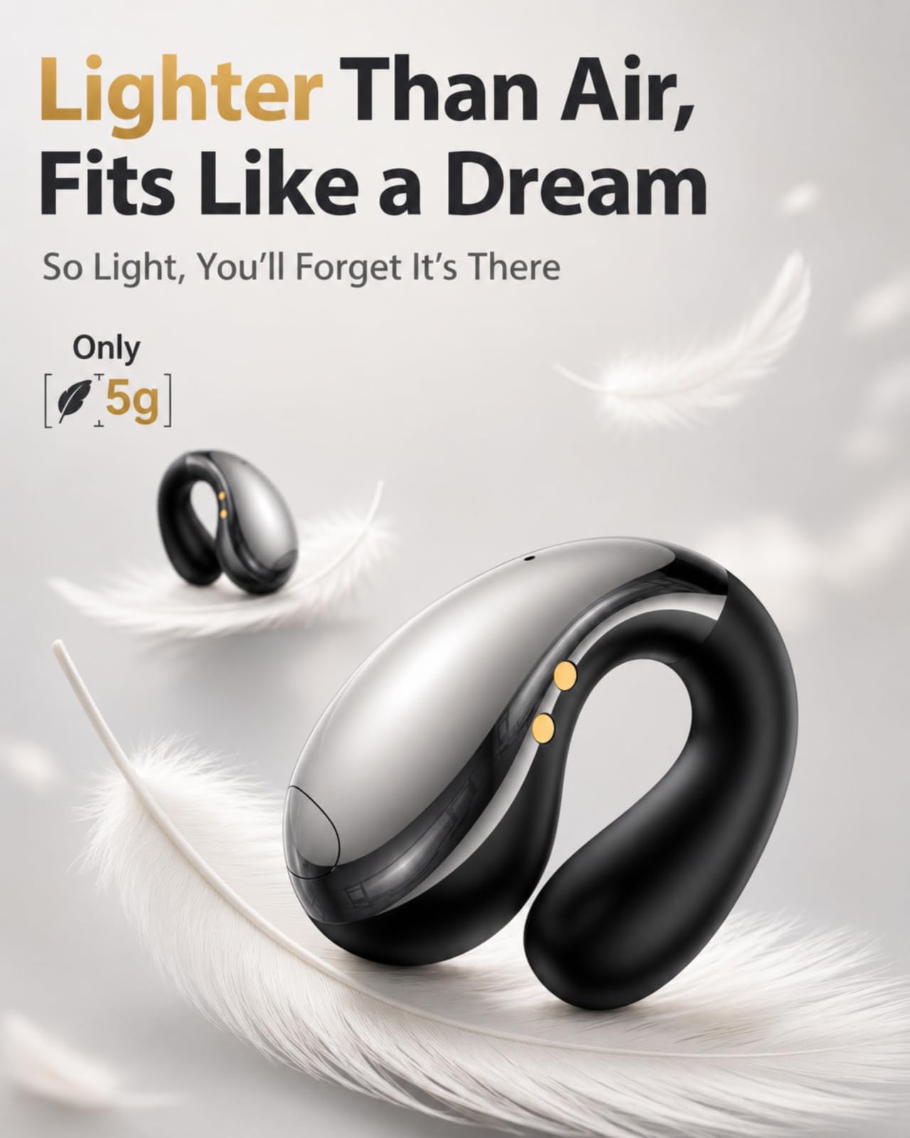Boytond Auricolari ultra aperti, ergonomici a clip, cuffie over-the-ear a conduzione ossea piccola con design impermeabile, perfette per la corsa per sport e fitness, nero lucido
