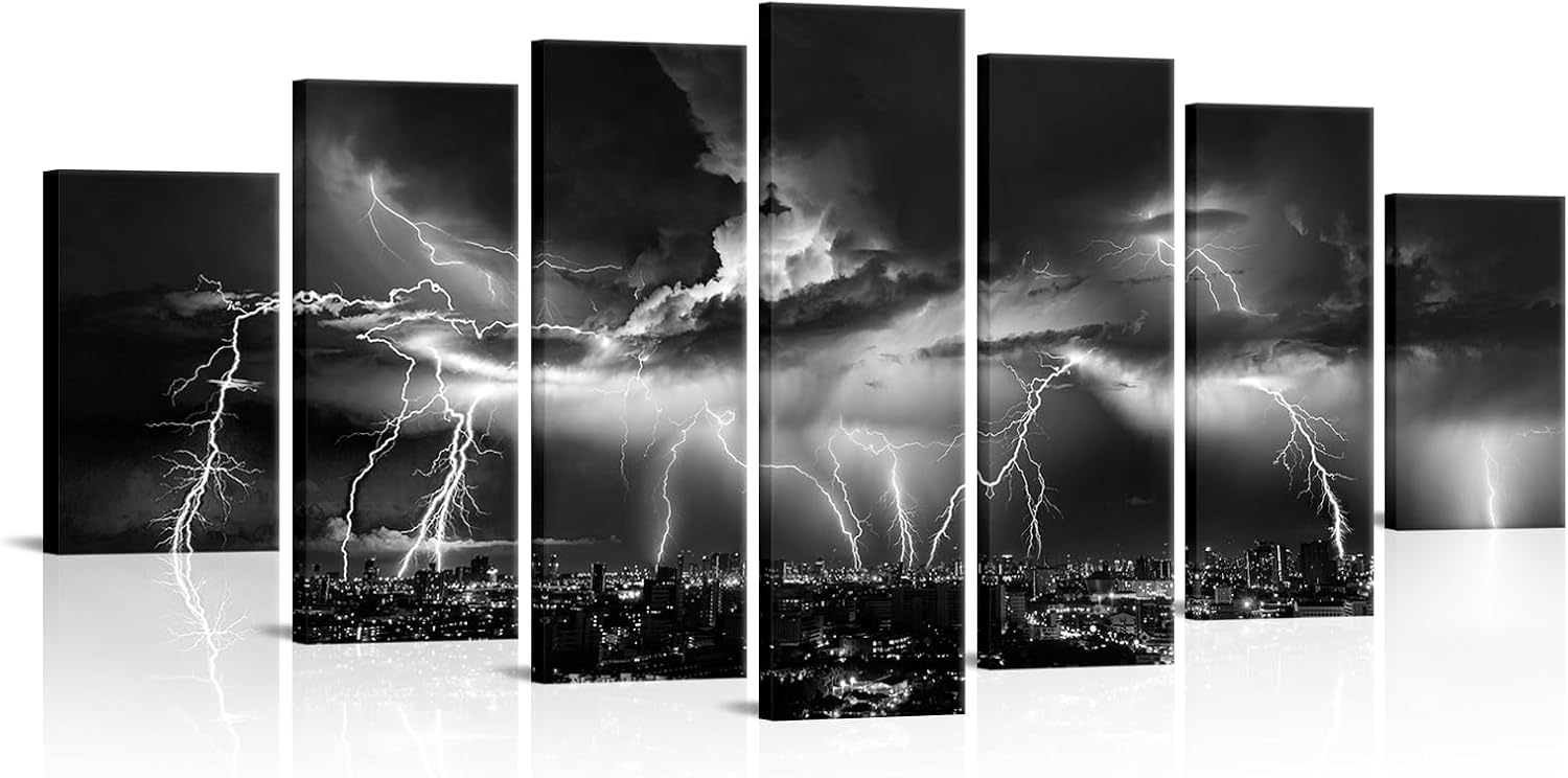 Biuteawal Large 7 Piece Black and White Wall Art Lightning Strikes Painting on Canvas Storm Cityscape Picture Print Nature and City Artwork for Home Office Bedroom Decoration