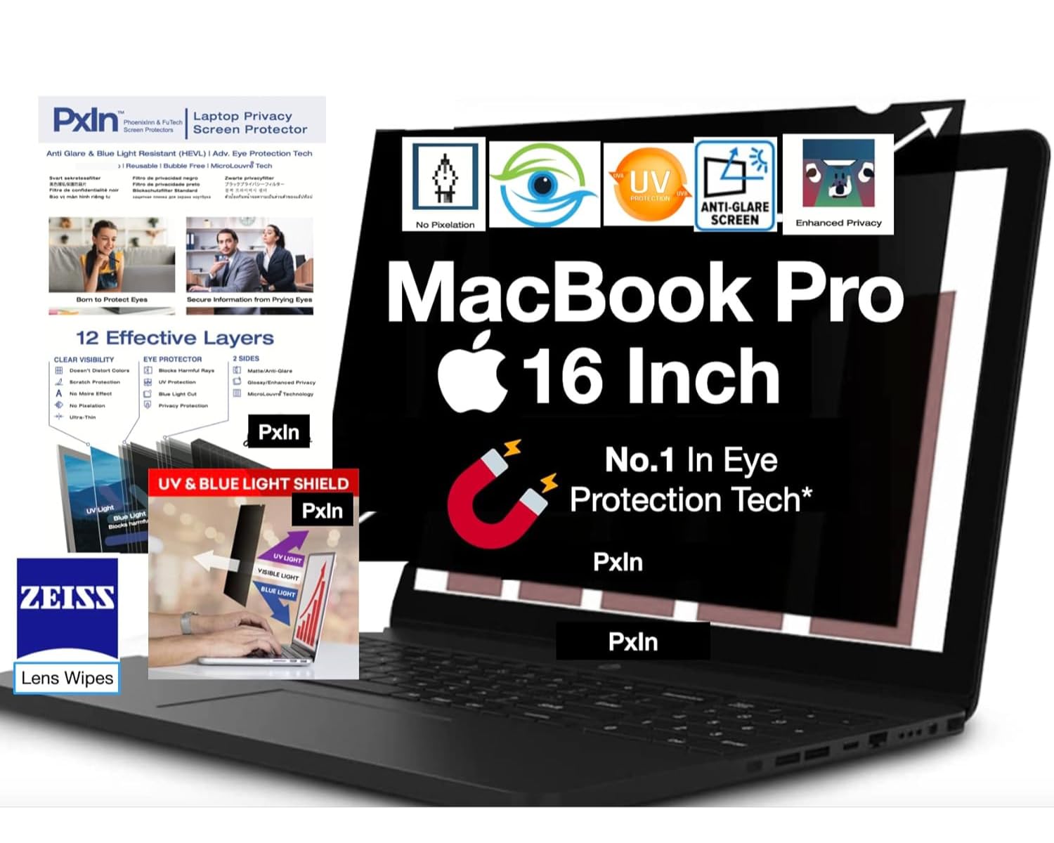 PxIn 16 Inch MacBook Pro Magnetic Privacy Screen Filter - No Eye Strain | Anti Blue Light + Anti Glare | No Dry Eyes | Privacy Screen Protector (B09Y3N8CZG) Amazon Price History, Amazon Price Tracker