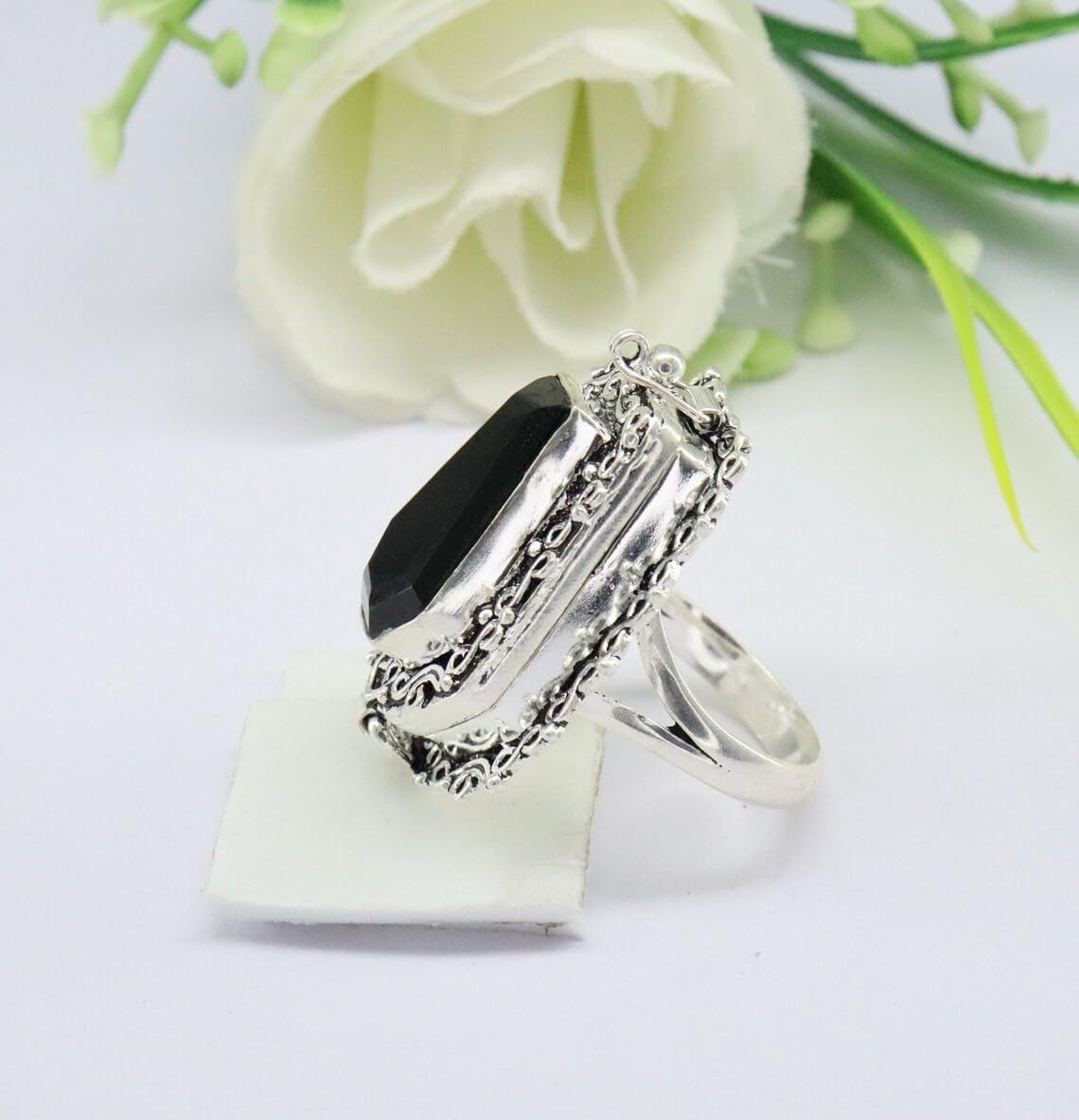 Black Onyx Ring, Poison Box Ring, Black Stone Ring, Birthstone Ring, Locket Ring, Poison Pill Box, Designer Box Ring, Healing Crystal Ring, Secret Message Ring, Natural Black Onyx Jewelry image 3