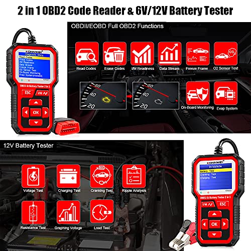 KONNWEI KW681 OBD2 Scanner 6V 12V Car Battery Tester, 2 in 1 Car Diagnostic Scanner Automotive Battery Alternator Load Tester Check Engine Code Reader Scan Tool