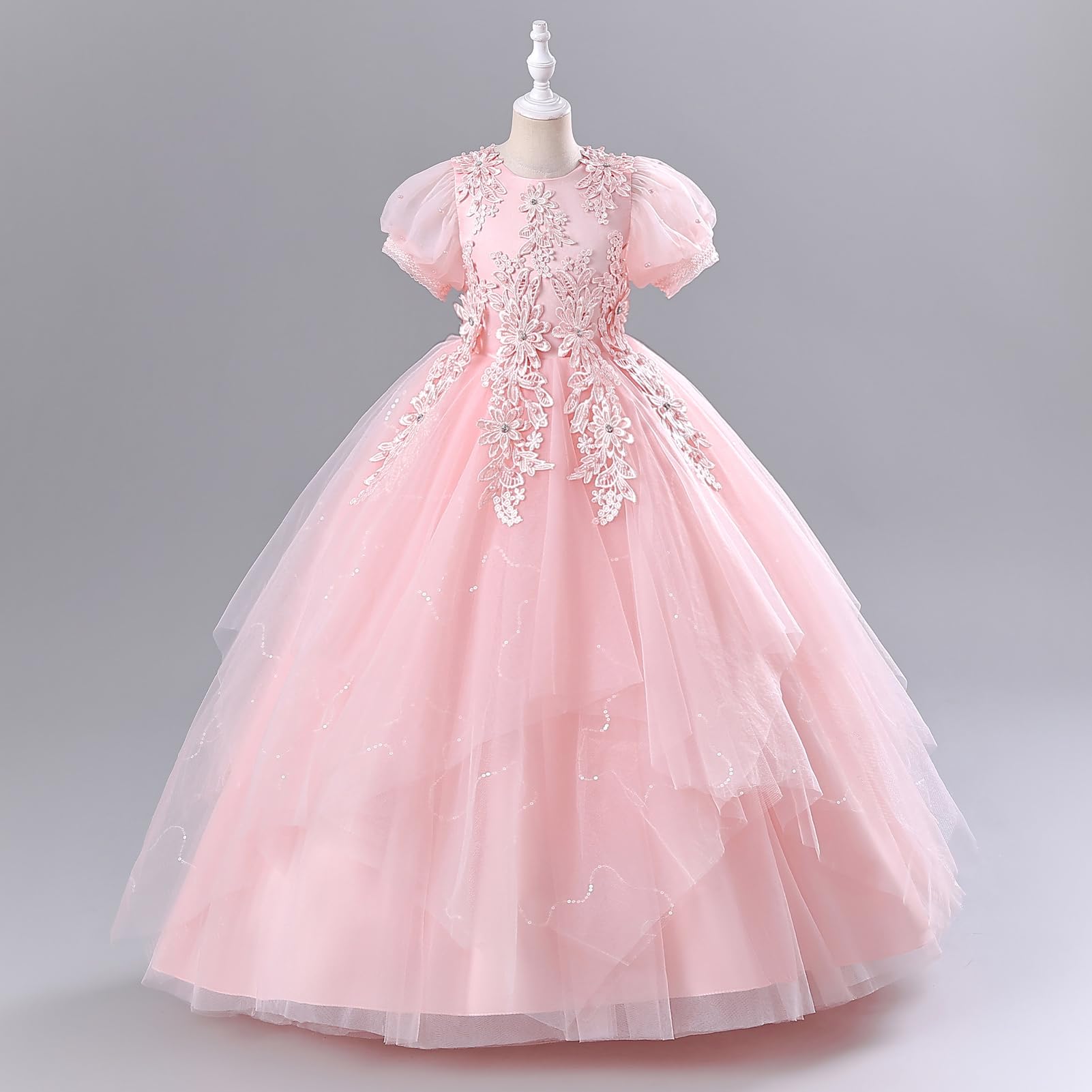 Blumenmädchen Kleid Floral Bestickt Kurze Ärmel Tüll Tutu Prinzessin Kleider Kind Mädchen Hochzeit Brautjungfer Geburtstag Erstkommunion Festzug Maxi Ballkleid 5-11 Jahre