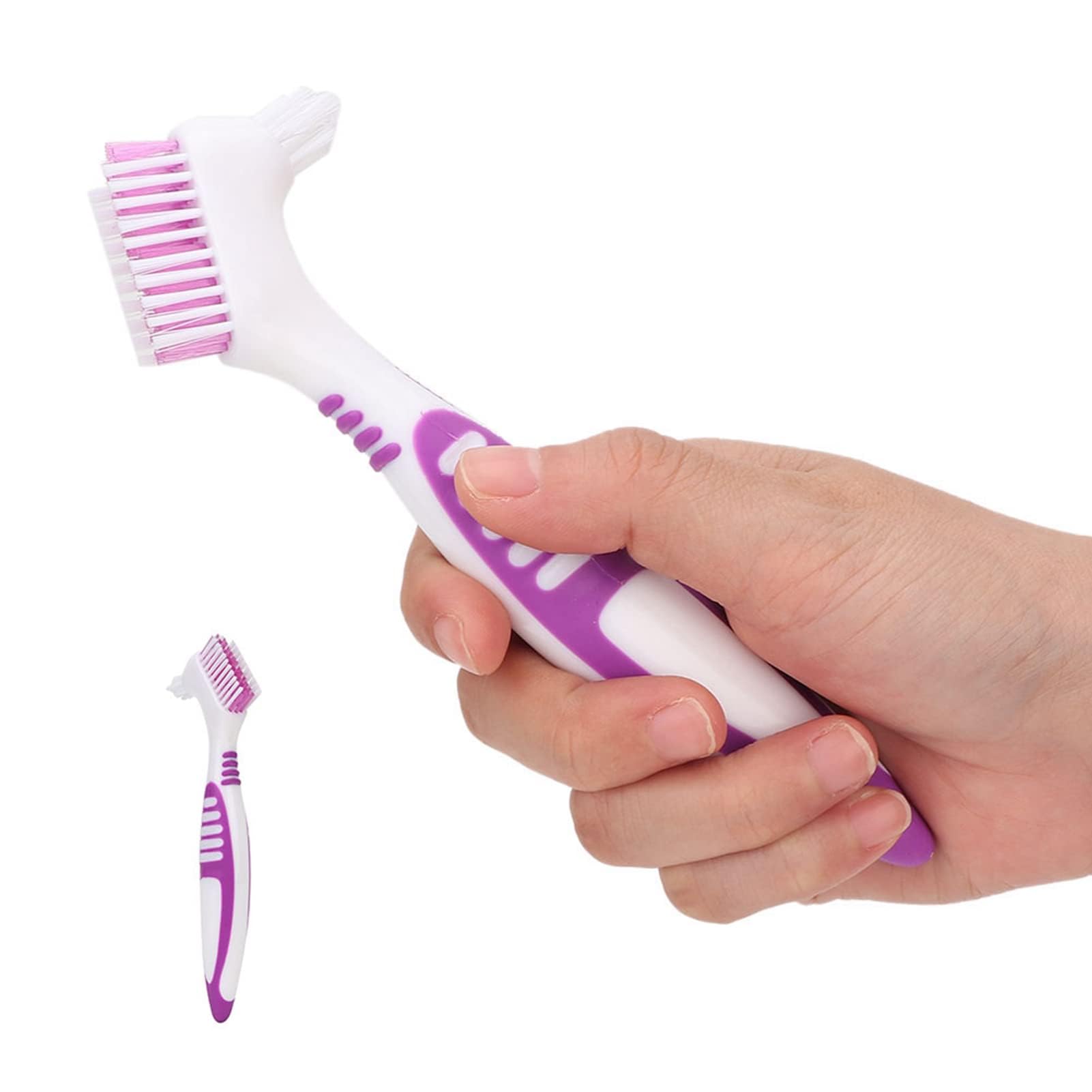 2Pcs Denture Cleaning Brush, 16.5x3cm/6.5x1.2inch Double Bristle Head Denture Toothbrush Hard False Tooth Cleaner Brush Dual Head Multi Layered Bristles and Dual Angled for Dentures Care-image-3
