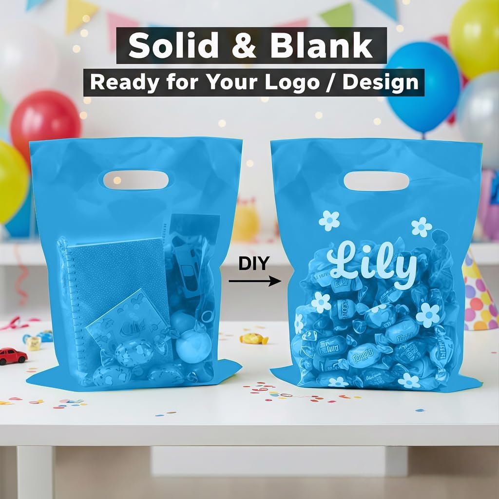 Odseciran 100 Pack Plastic Party Favor Bags with Handles, Goodie Treat Bags Bulk, Party Gift Bags for Candy, Weddings, Church & Holiday Events, Multiple Sizes (Light Blue, 6" X 8") - Image 3