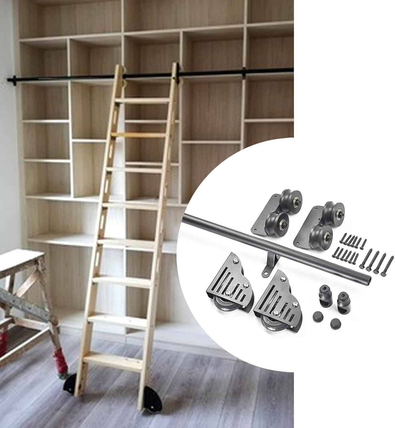 Library Ladder Hardware Kit Sliding Ladder for Office Warehouse Bar with Floor Roller Wheels(13ft/400cm Track kit)