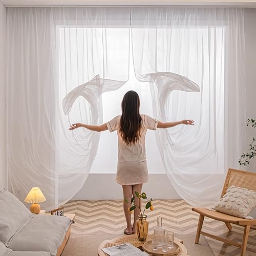 Cortinas traslúcidas blancas para ventana de 84 pulgadas de largo, 2 paneles de cortinas traslúcidas filtrantes de luz, tratamiento para dormitorio,