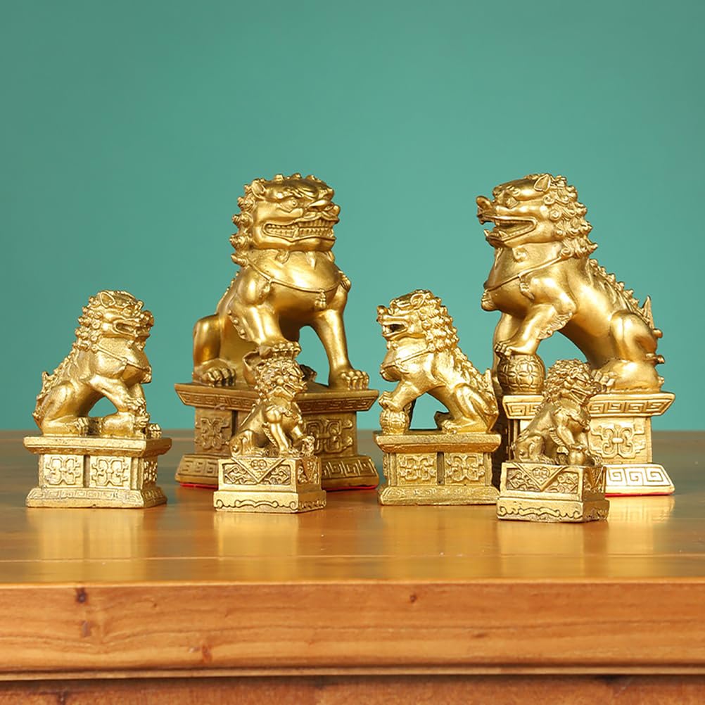 WHSY127 Para mosiężnych posągów psa Fu, chińskie lwy stróżują dla bogactwa i ochrony Feng Shui, figurki do wystroju wnętrz, parapetówkę, mosiądz, 3,74"