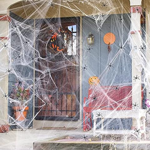 tomoneed Halloween Spider Web Decorations - 200g Stretchable Halloween White Cobweb with 60Pcs Fake Black Spiders for Halloween Indoor Outdoor Scary Decorations Halloween Party Haunted House Props Cover