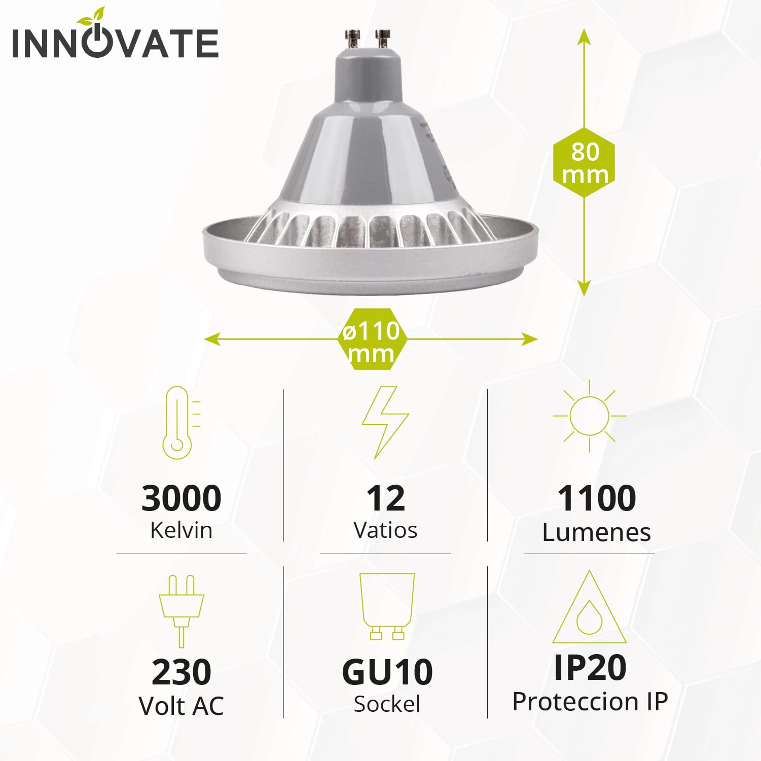 INNOVATE Focos LED interior techo Regulable [ES111 QRB111 GU10 12W 60°] Bombilla LED GU10 regulable equivalente 100 W I Ojos de buey oficina baño dormitorio I Iluminacion interior Luz ambiente (8) | QRB11 QRB111 - Foco led (60°, 100 W, para interiores)