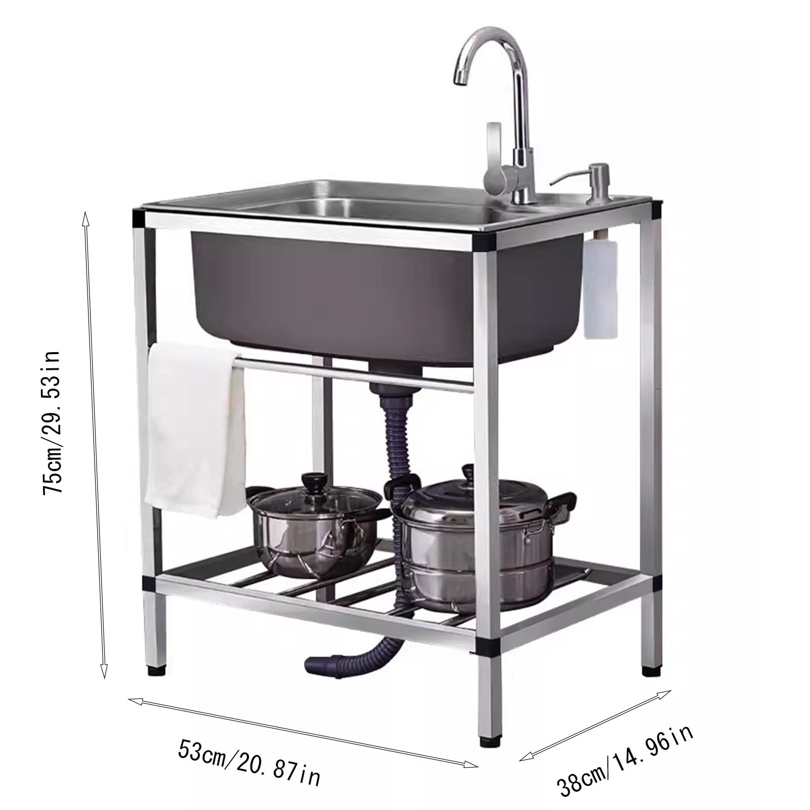 Fregadero de acero inoxidable multifuncional para cocina y jardín, portátil y con grifo - Ideal para camping (A,53×38cm)