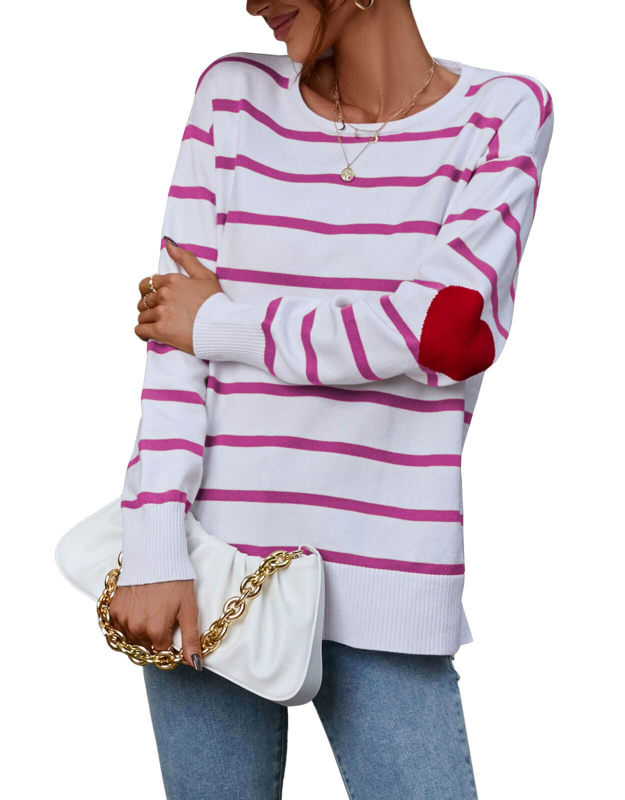 shermie Womens Stripes Sweaters Cute Heart Pattern Elbow Patchwork Pullover | Skin-friendly,Soft Warm,Elbow patchwork knit cute heart pattern,Loose casual fall winter striped pullover sweaters for women