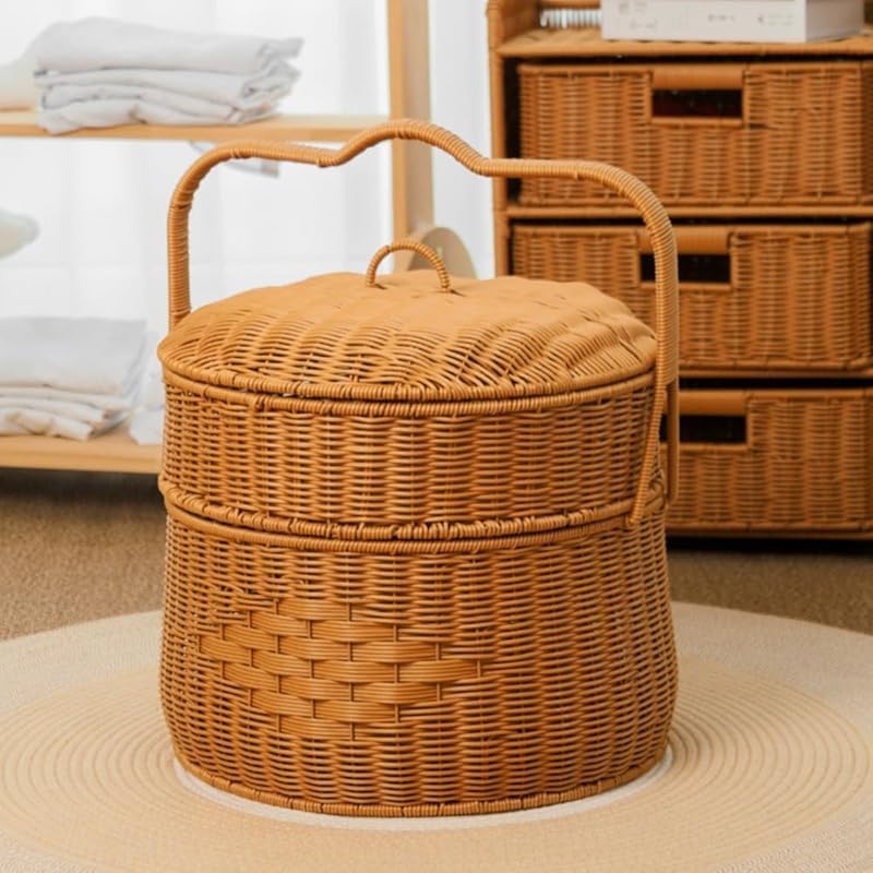 AOBOPO手編みおしゃれ収納バスケット｜職人が丁寧に一つ一つ手編み、籐を丸ごと編んで通気性・耐久性、文房具・化粧品等多シーン収納に