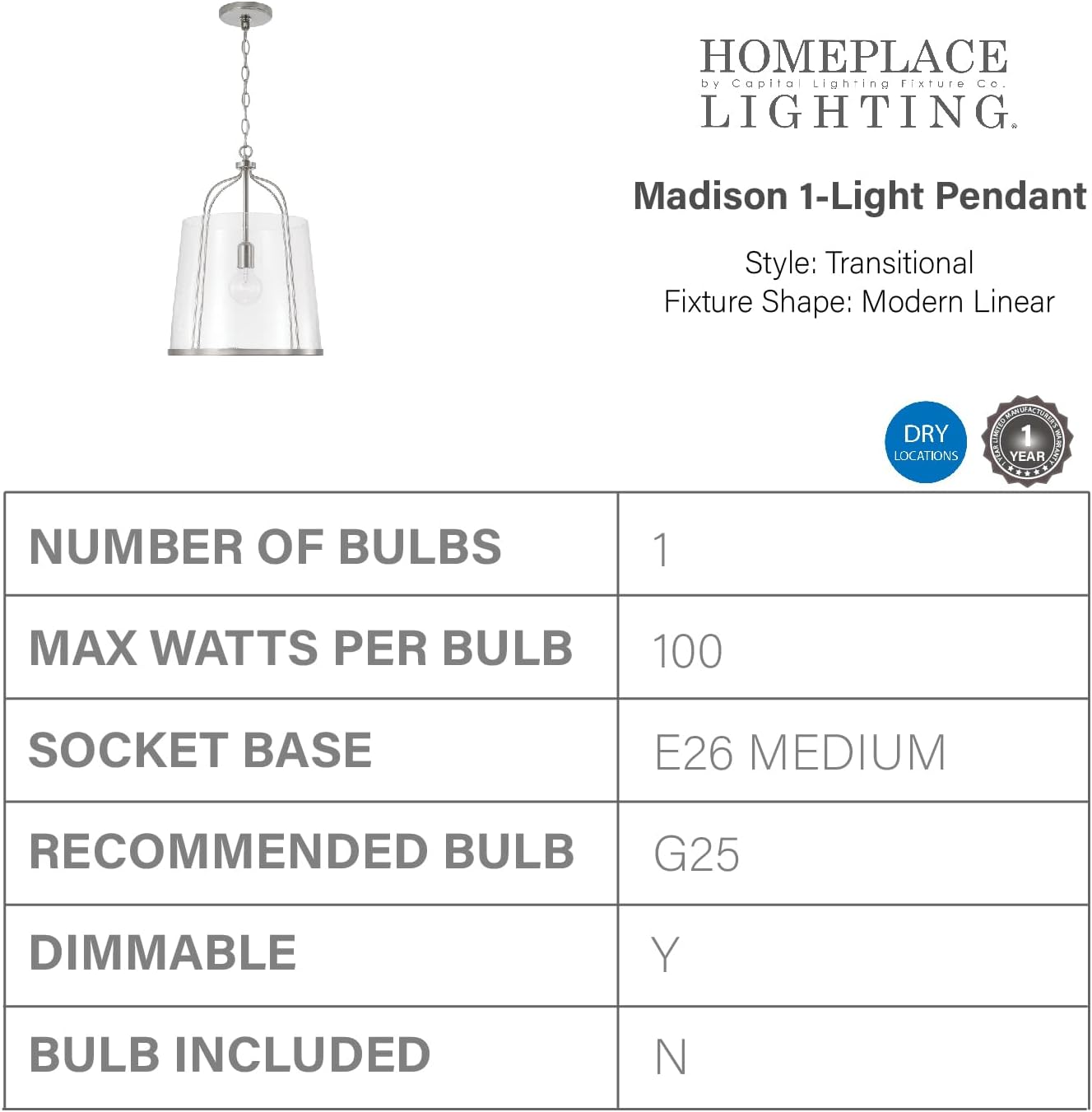 HomePlace Lighting 347011BN Madison Transitional Clear Seeded Glass Pendant Light Fixture, 1-Light 100 Watt, 19" H x 14" W, Brushed/Satin Nickel