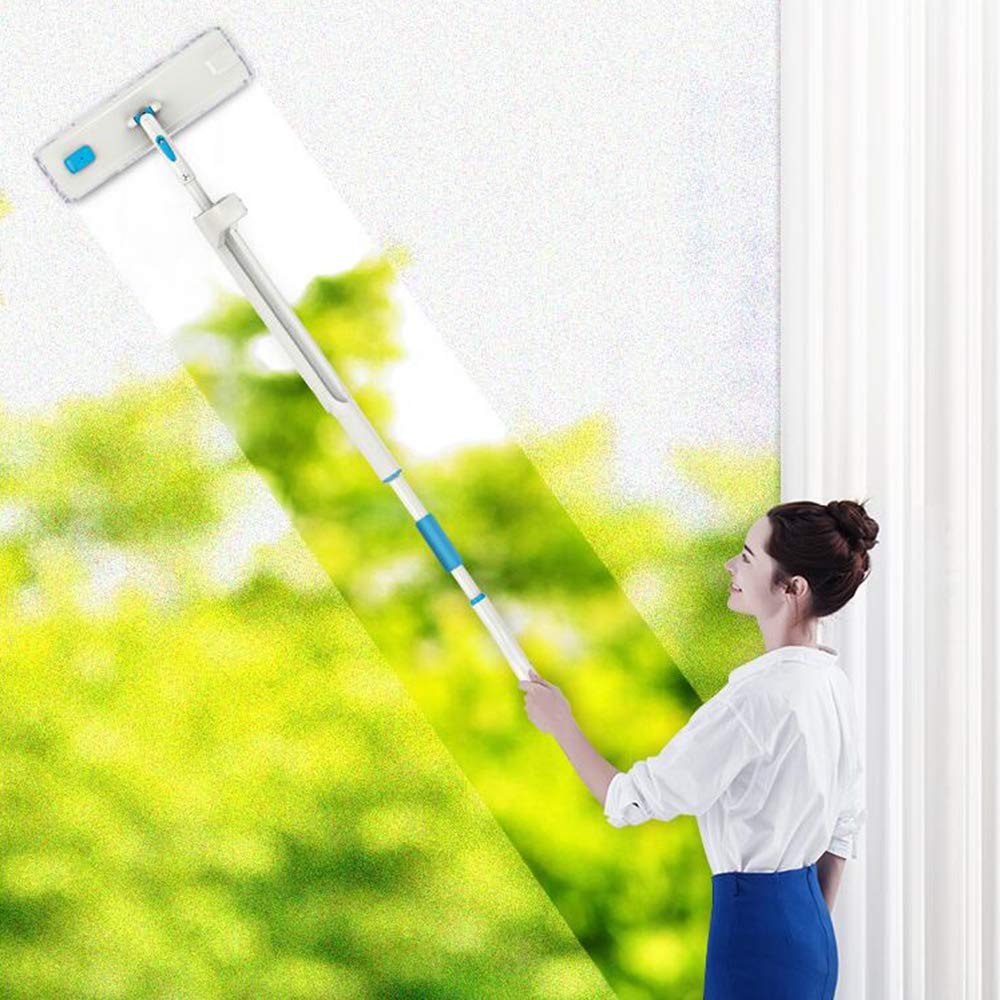 MOP rotación Libre Lavado a Mano seco y húmedo Dual Spray fregona hogar automático Rebote Pisos de Madera, Azul-Blanco, 130cm * 36cm