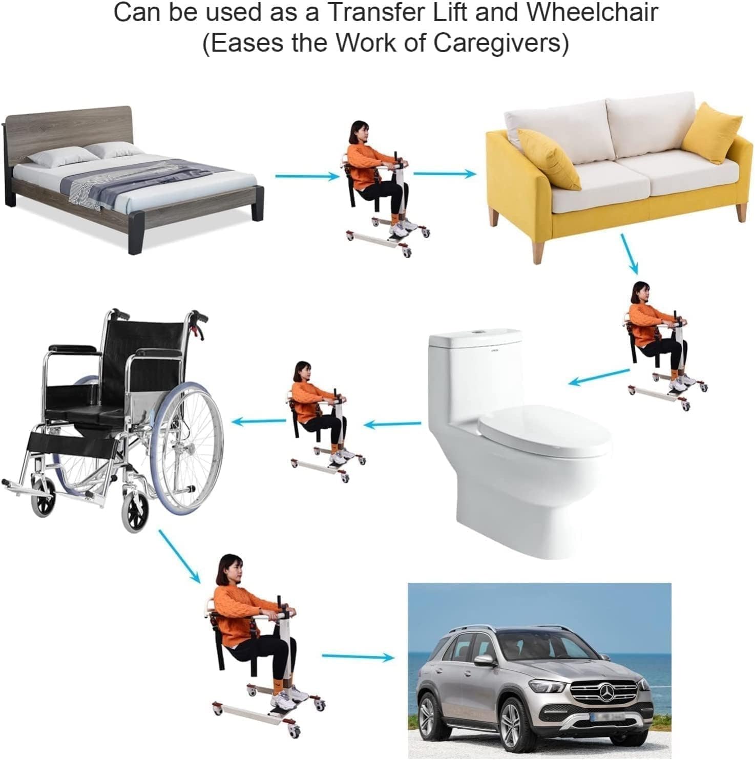 Sollevapazienti Manuale con Altezza Regolabile, Sollevatore Portatile con Imbracatura Inclusa, Sedia di Trasferimento per Disabili e Anziani, Ideale per Uso Domestico e Auto