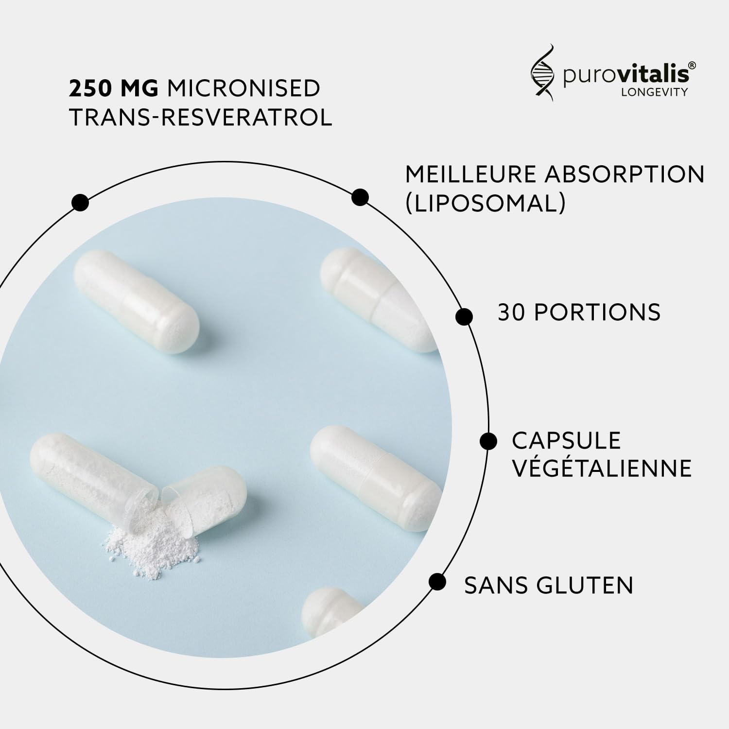 PUROVITALIS Resvératrol liposomal 250mg, 30 portions (30 gélules végétaliennes), supplément antioxydant trans-resvératrol de haute pureté