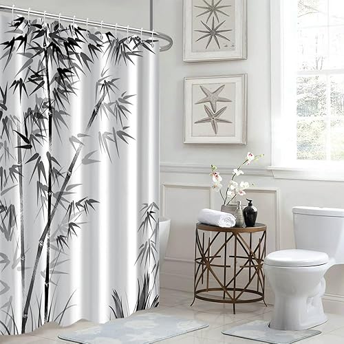 Miniatura 2 de Ruelvth Cortina de ducha de bambú, cortina de ducha de bambú de tinta estética para baño, tela impermeable, juego de cortina de ducha blanco y negro
