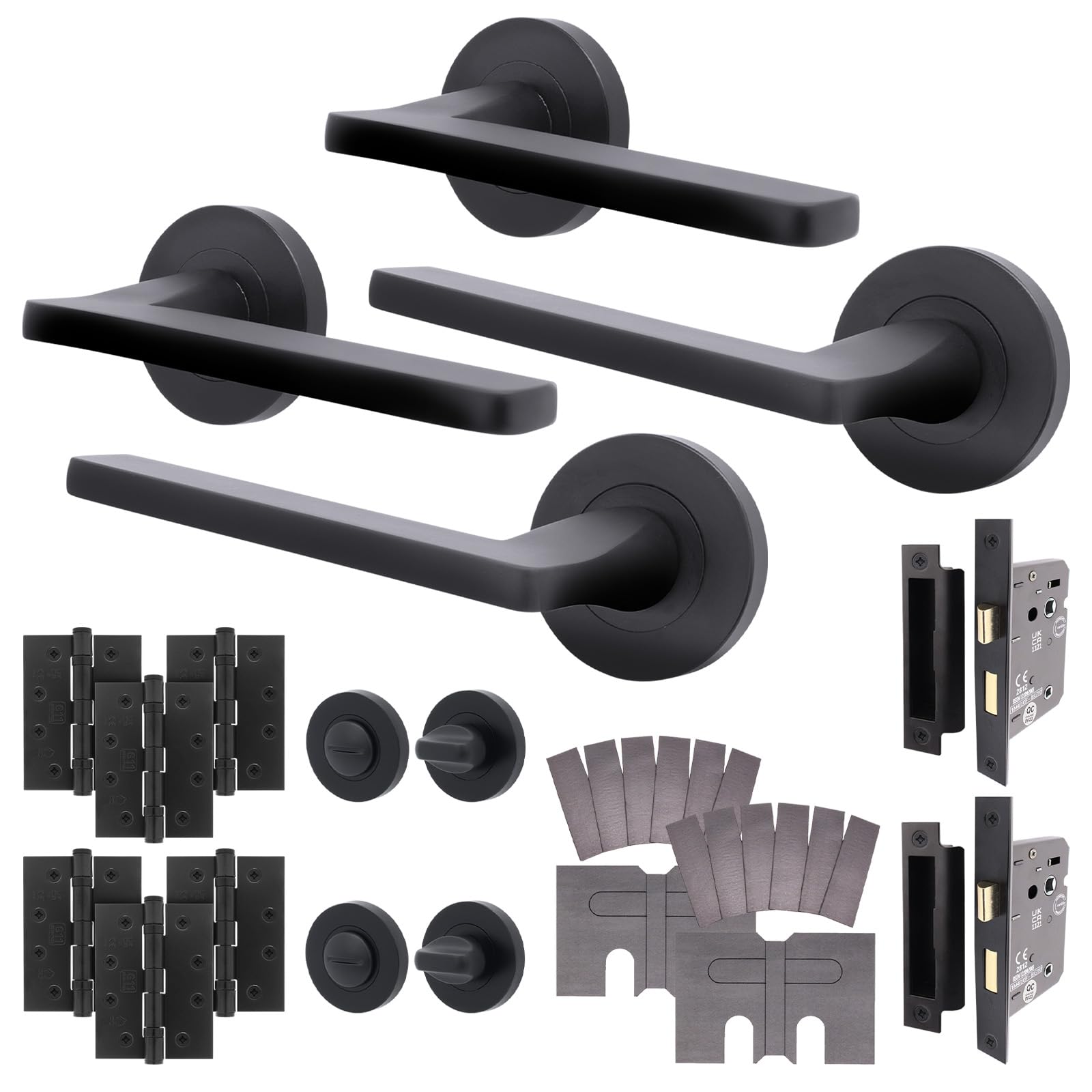 Eai Matt Black Black Fire Door Handle Bathroom Set, Internal Fire Rated Door Handle With 80Mm Lock And 102Mm Hinges - 2 Pack Elcot Range