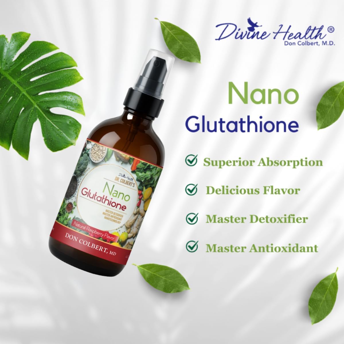 Dr. Colbert, MD Nano Reduced L-Glutathione Liquid Spray | Raspberry Flavor | by Divine Health | Nanonization | Superior Absorption | Includes Vitamin C | Sugar Free | 60 Servings | 4oz