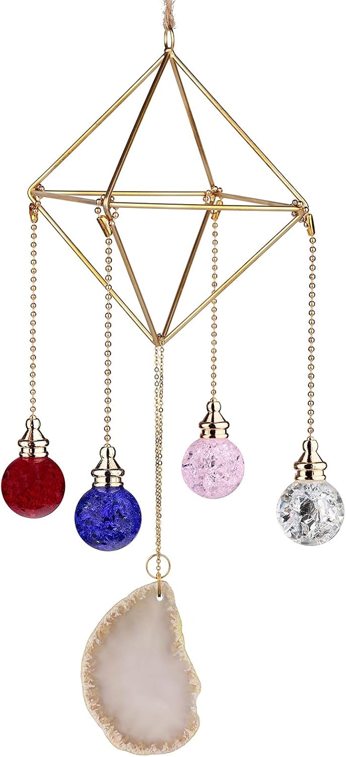 Amogeeli Metal Geometric Hanging Decor with Agate Slice & Glass Prism, Suncatcher for Outdoor Indoor