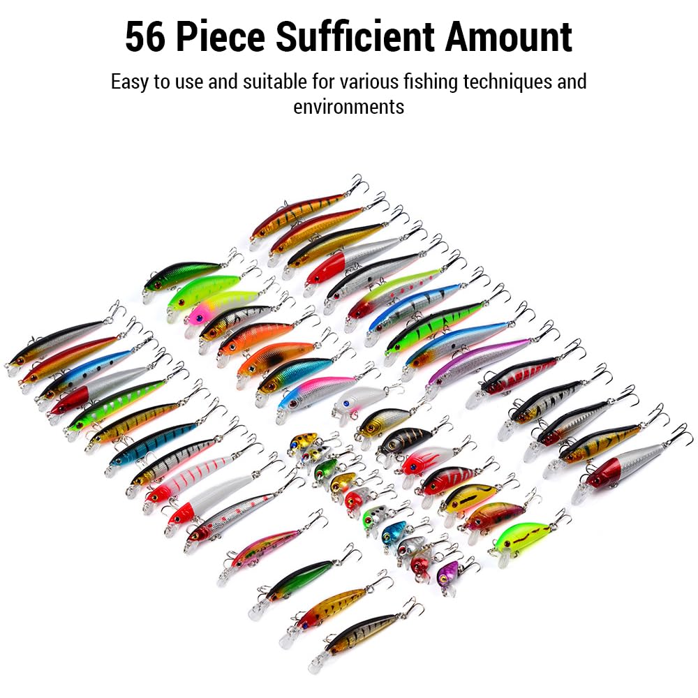 Kit de 56 leurres de pêche Souples et durs avec hameçons pour la pêche en Eau salée et en Eau Douce, au Bar, à la Truite, au sébaste et au Bar