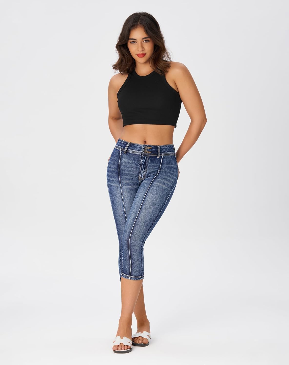 roswear Women’s Capri Pants Trendy Mid Rise Skinny Stretchy Front Seam Denim Jeans - Image 2