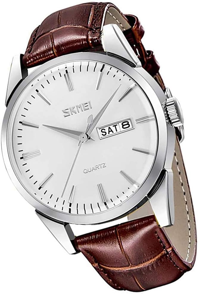 SKMEI Watch for Men Business Dress Classic Fashion Casual Black Leather Quartz Analog Waterproof Calendar Date Light Simple Wrist Watches Dad Fathers Gifts