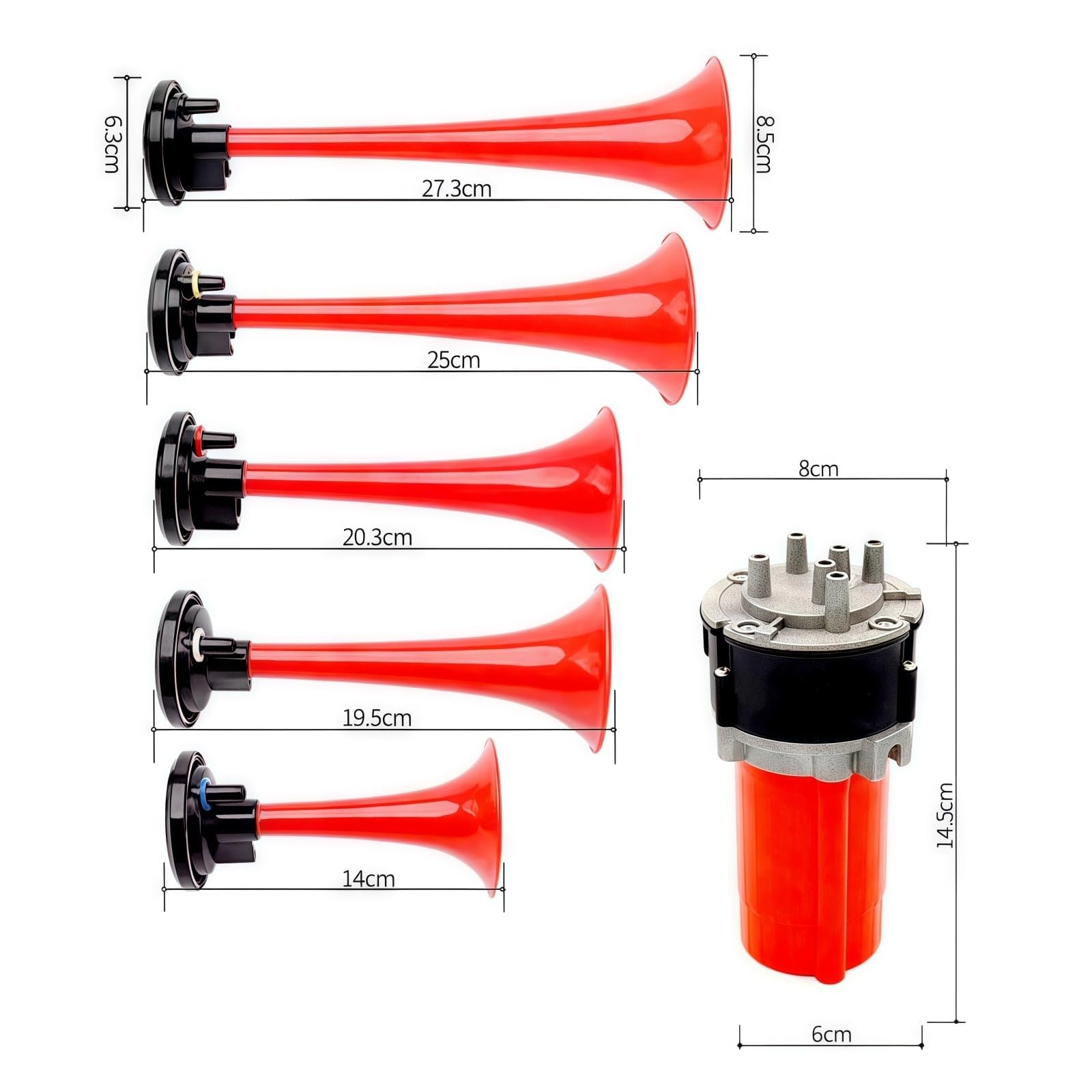 Lufthupe, 160 dB, Musikhupe, Lautsprecher, 5 Röhren, rote Wiedergabe, Dixie-Musik, Autohupe mit Luftpumpe, Warnalarm, einfache Installation, Trompete für 12 V Auto, LKW, Schiff, Boot, Motorrad
