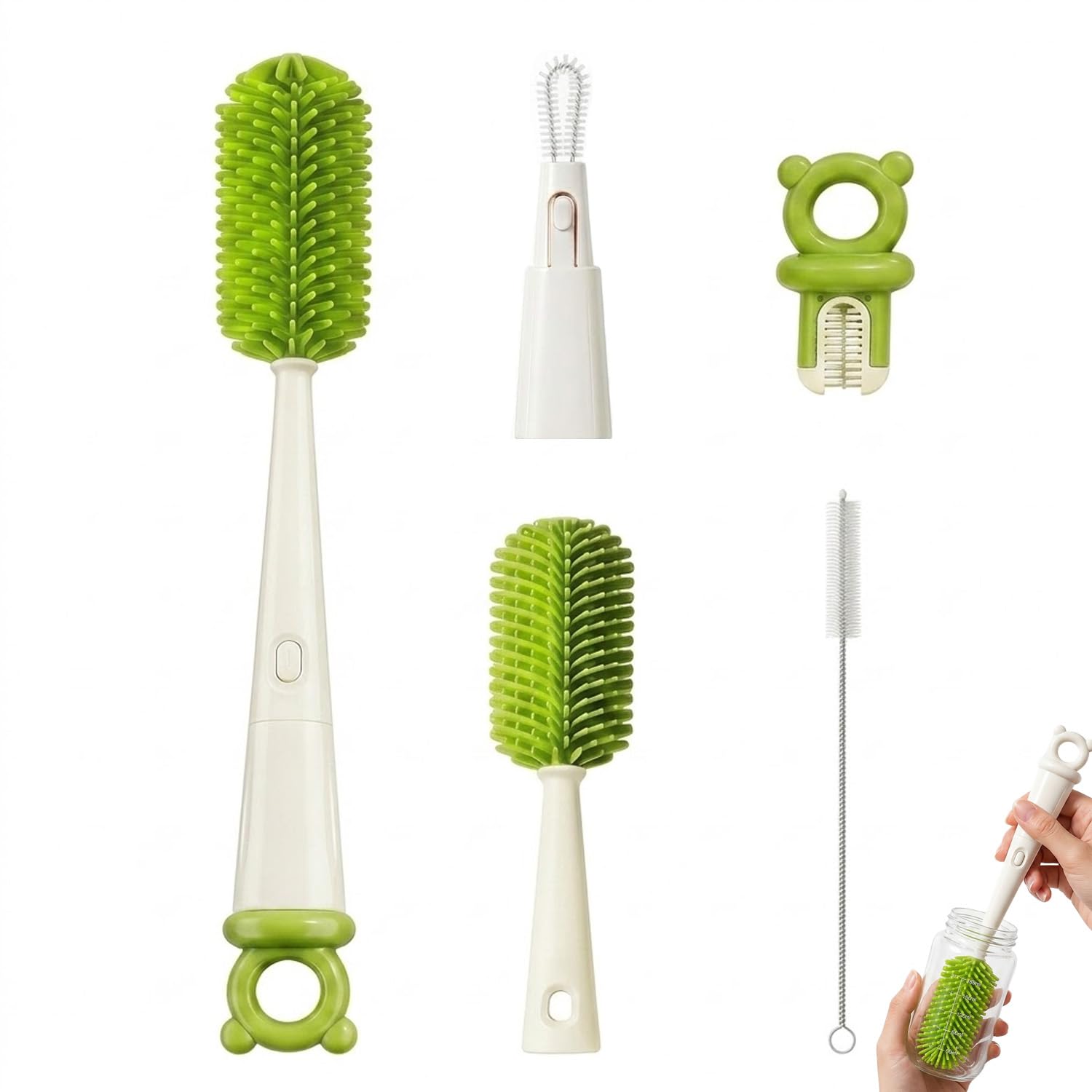 Bottle Cleaning Brush Set, 4-in-1 Water Bottle Cleaner with Silicone Bristles, Multifunctional Baby Bottle Brush for Straws and Lids, Crevice Cleaning Brush for Kitchen, Travel and Home, Green