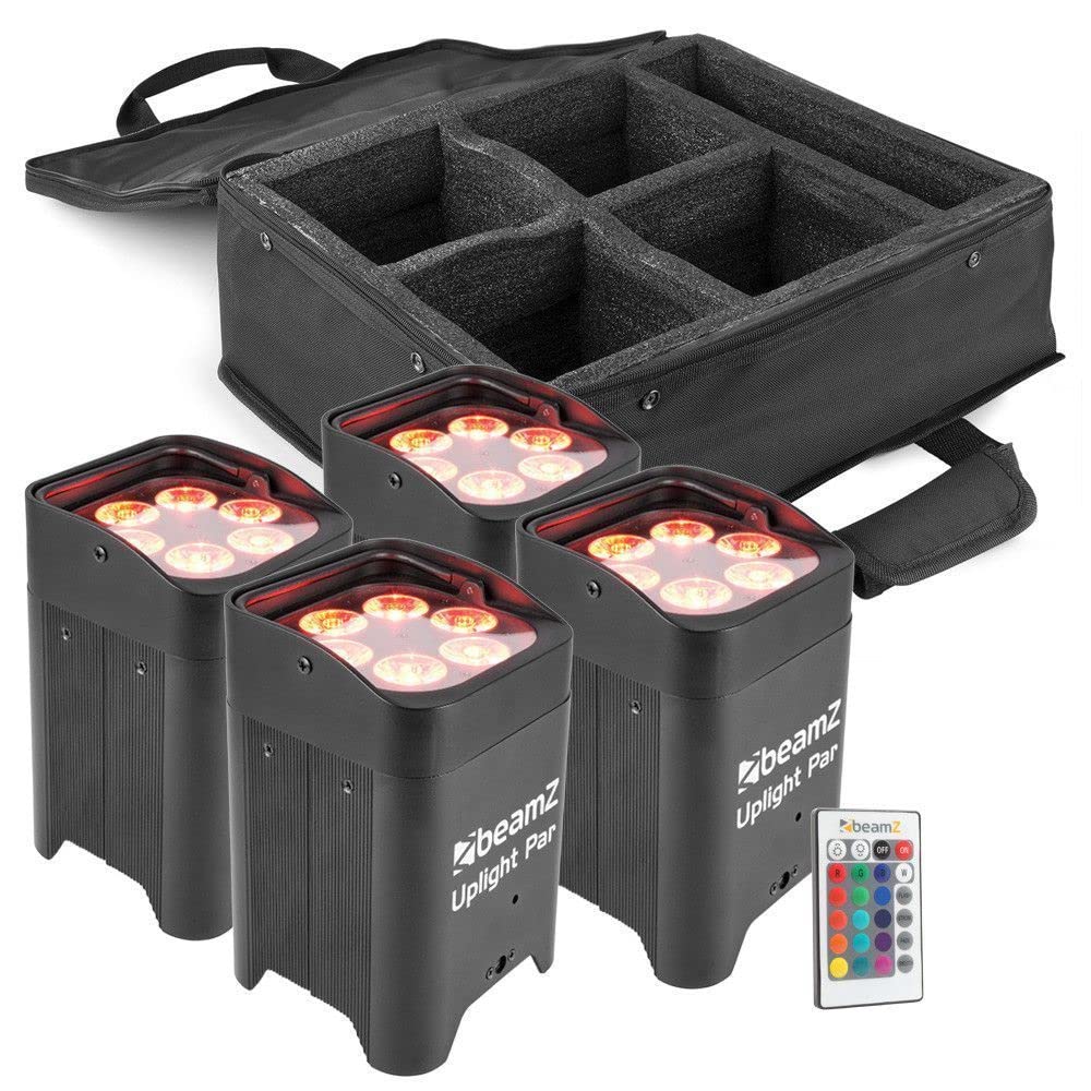 BeamZ BBP96 Akku LED Strahler Uplight 4er Set mit Tasche, IP20, Par LED Spot mit Wireless DMX, Bühnenbeleuchtung Set, Discolicht, Lichteffekte, Fernbedienung, Soundmodus, In- und Outdoor