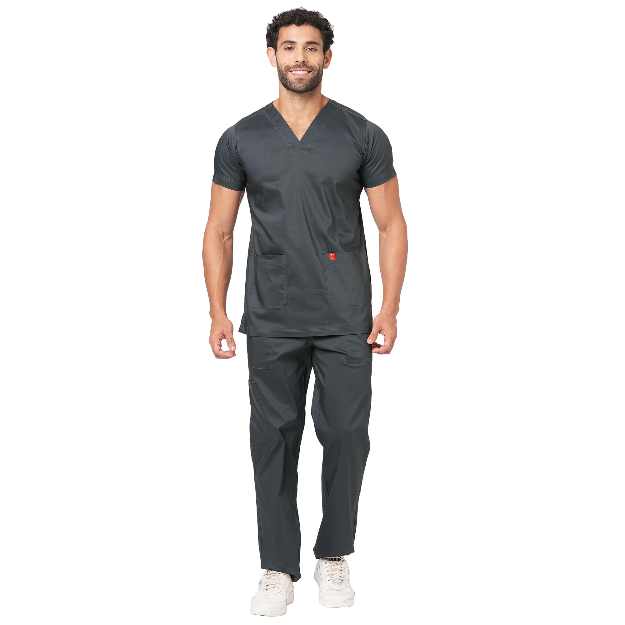 french terrain FRENCH TERRAIN® Unsiex Polyester Cotton Lycra V-Neck Scrub Suit, Triple Stitch Top with 2 Pockets, Bottom Elasticated Wasit with Drawstring. (Color_ Dark Grey, Size_ 42 - XL)-picture-38