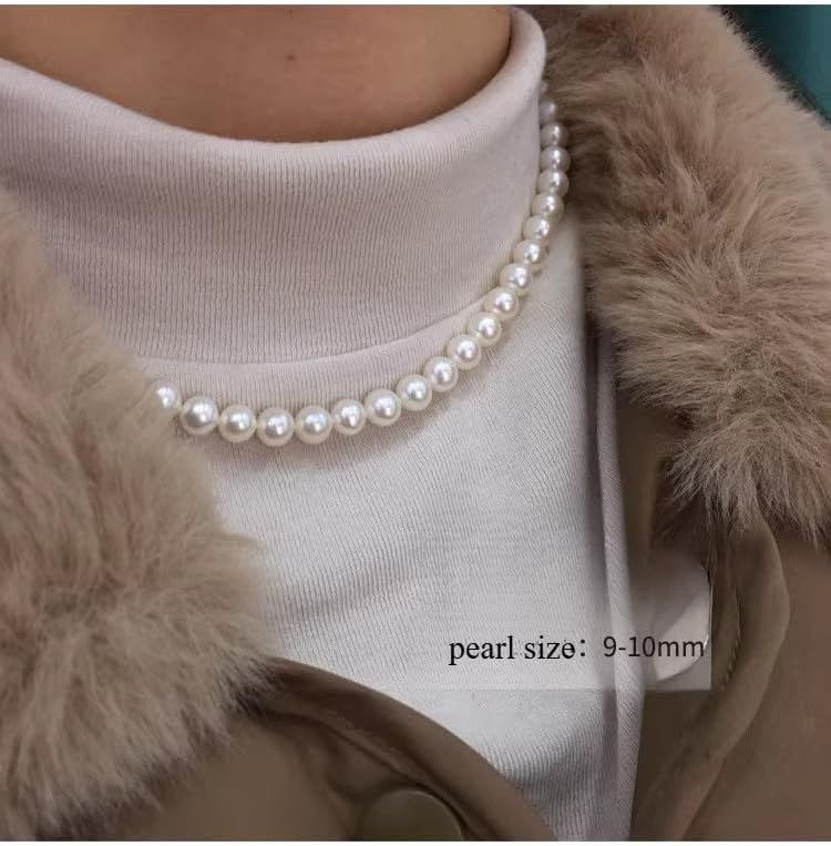 AAAA 9-10mm Round White south sea Pearl Necklace, 18 Inch Classic Strand, 925 Sterling Silver Clasp, Timeless Luxury Jewelry for Women